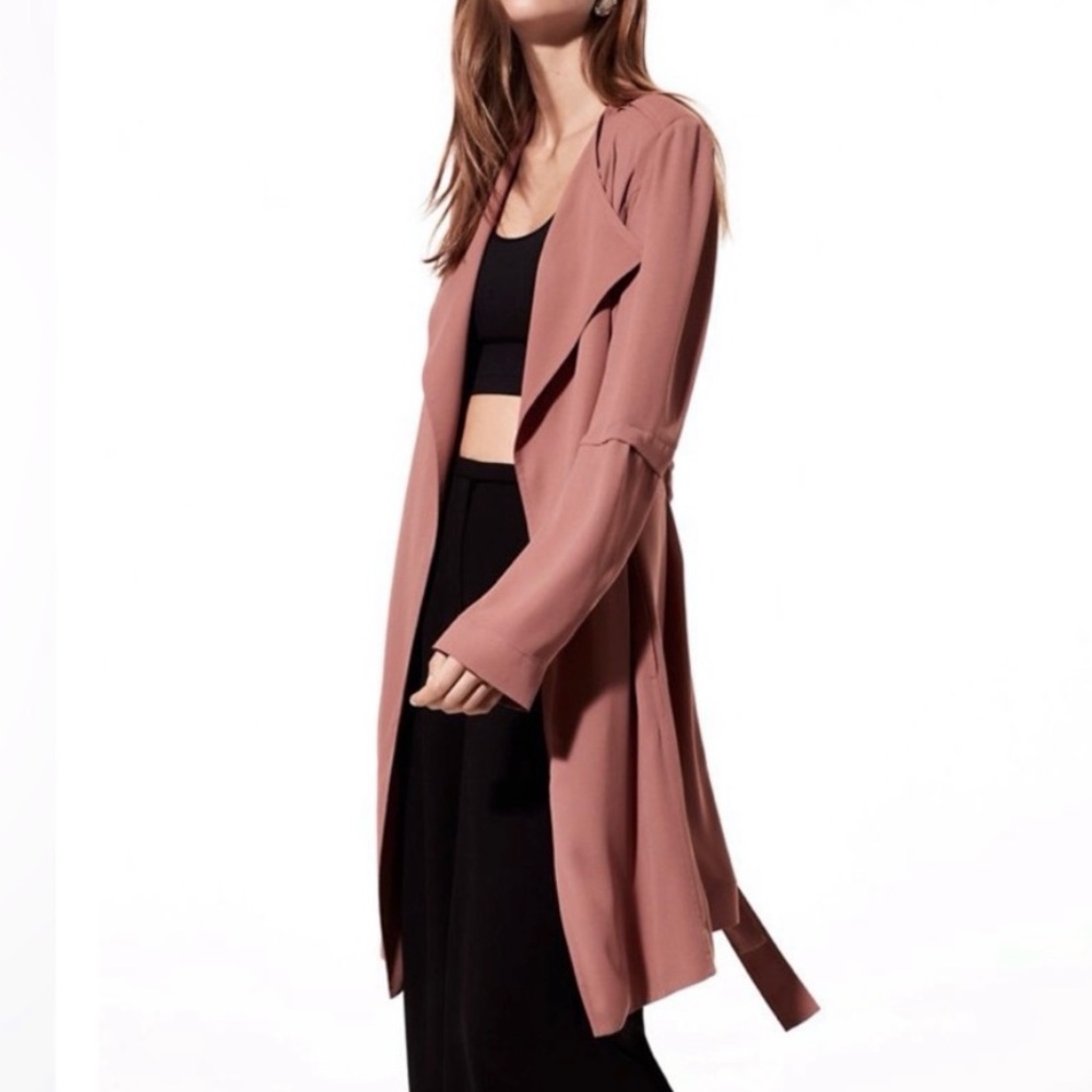 BABATON Draped Flowy Quincey Trench Coat Dusty Rose Minimalist Slouchy Academia